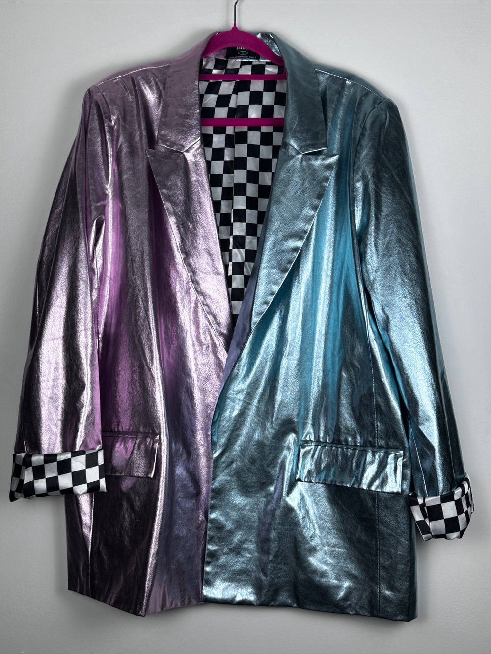 Dressed in LALA Half & Half Metallic Blazer Pink Blue Checkerboard L Size Large